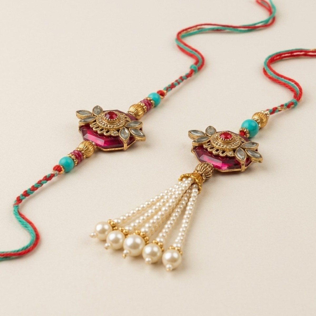 ACCESSHER Kundan & Pearl Embedded Bhaiya Bhabhi Rakhi Set with Roli, Kumkum & Greeting Card - Image 3