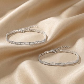 ACCESSHER Silver Plated Anklet Set - Rhinestone & Ghungroo Detailing and S-Hook Closure for Women (Set of 2)