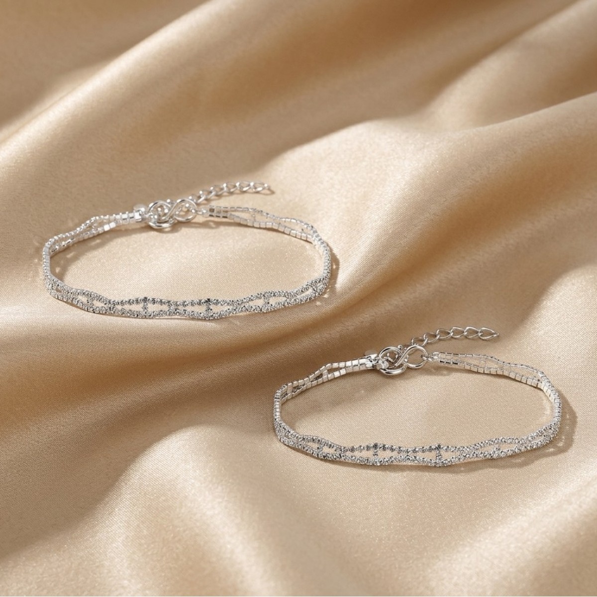 ACCESSHER Silver Plated Anklet Set - Rhinestone & Ghungroo Detailing and S-Hook Closure for Women (Set of 2)