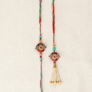 ACCESSHER Kundan & Pearl Embedded Bhaiya Bhabhi Rakhi Set with Roli, Kumkum & Greeting Card