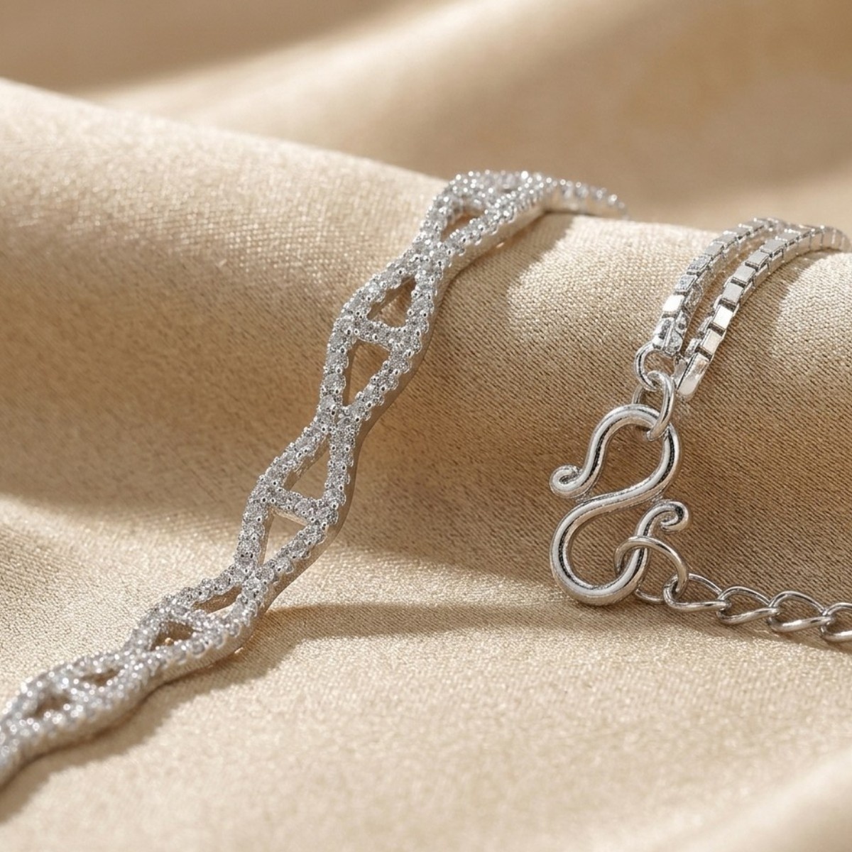 ACCESSHER Silver Plated Anklet Set - Rhinestone & Ghungroo Detailing and S-Hook Closure for Women (Set of 2) - Image 3