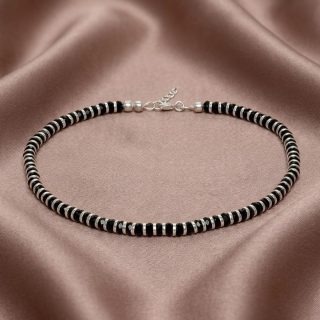 ACCESSHER 92.5 Sterling Silver Handcrafted Anklet - Black Beaded Detailing for Women (1 Piece)