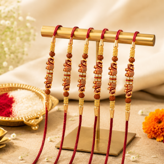 Accessher Gold Plated Elephant Shaped Rakhi - Gift Set with Roli, Kumkum & Greeting Card (Pack of 6)