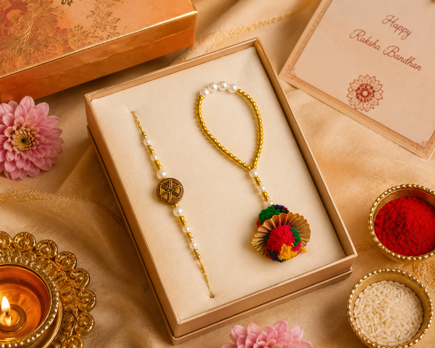 ACCESSHER Gold Plated Peacock Rakhi with Semi-Precious Enamel Detailing with Roli, Kumkum & Greeting Card - Image 4