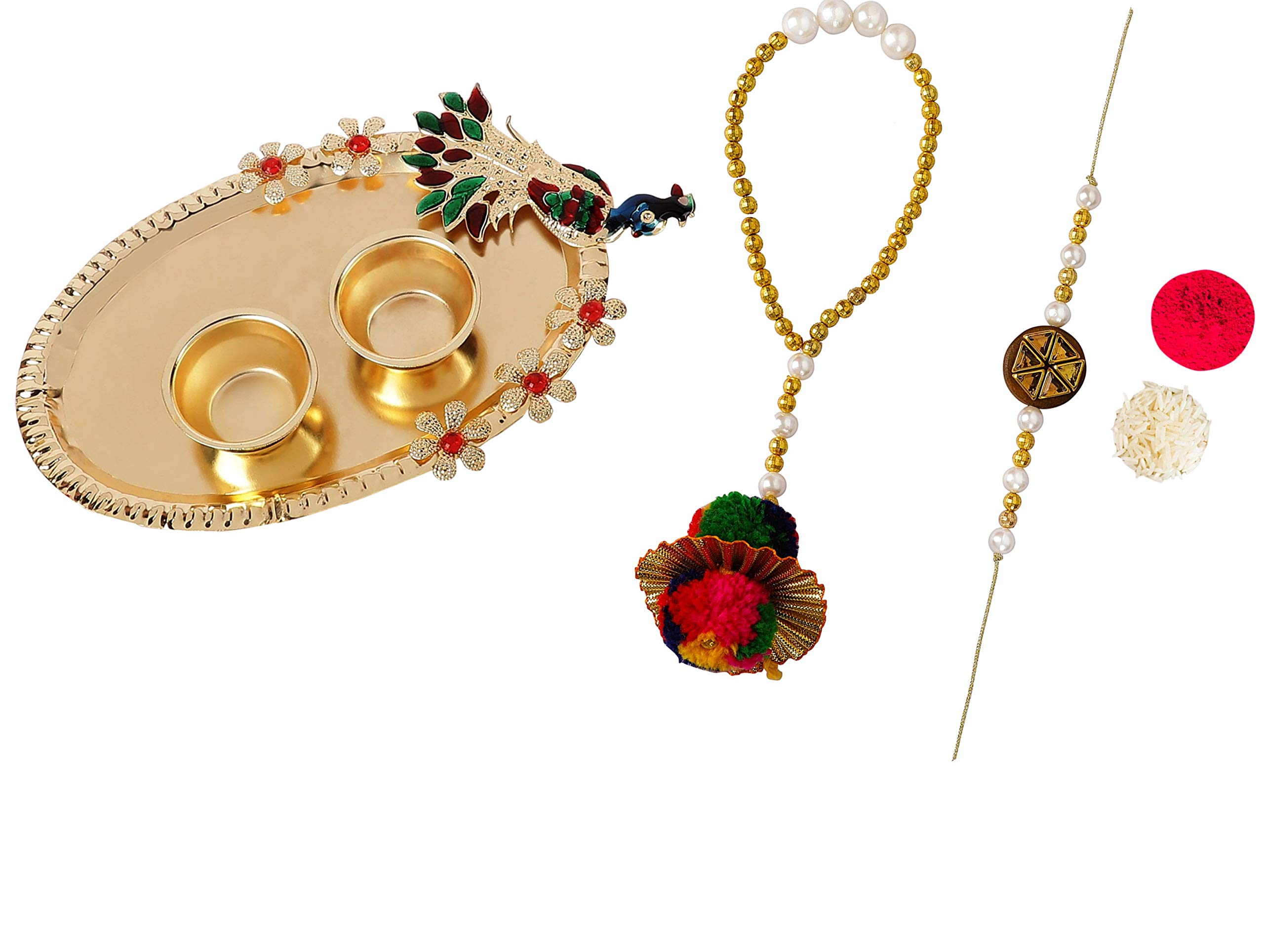 ACCESSHER Gold Plated Peacock Rakhi with Semi-Precious Enamel Detailing with Roli, Kumkum & Greeting Card - Image 5
