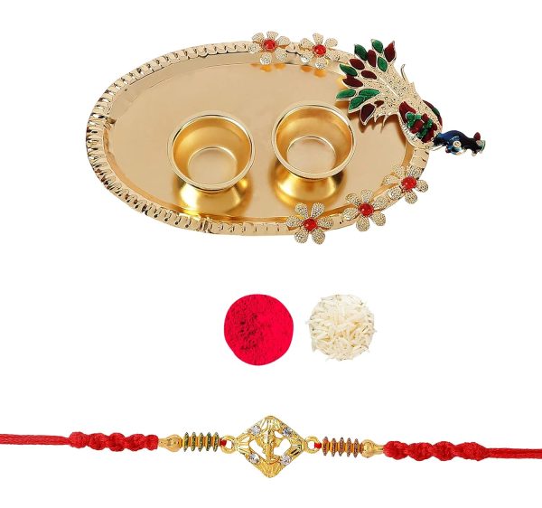 Accessher Traditional Gold Plated Ganesha Rakhi for Beloved Brother with Acrylic Peacock Pooja Thali, Roli Kumkum Packets and Happy Rakshabandhan Card 1 Accessher Gold Plated Ganesha Rakhi - Gift Set with Acrylic Peacock Pooja Thali, Roli, Kumkum & Greeting Card