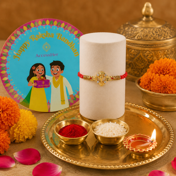 Accessher Traditional Gold Plated Ganesha Rakhi for Beloved Brother with Acrylic Peacock Pooja Thali, Roli Kumkum Packets and Happy Rakshabandhan Card 3 Accessher Gold Plated Ganesha Rakhi - Gift Set with Acrylic Peacock Pooja Thali, Roli, Kumkum & Greeting Card