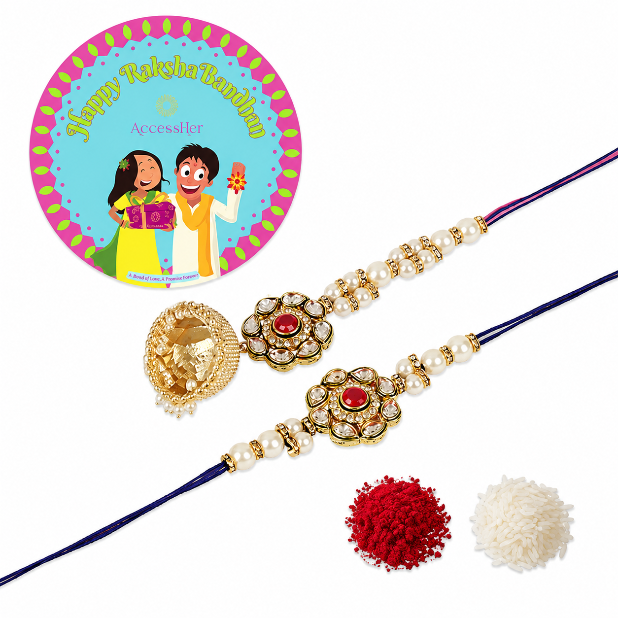 ACCESSHER Gold Plated Pink Enamel Kundan Bhaiya Bhabhi Lumba Rakhi - Gift Set with Roli, Rice & Greeting Card (Set of 2) - Image 5
