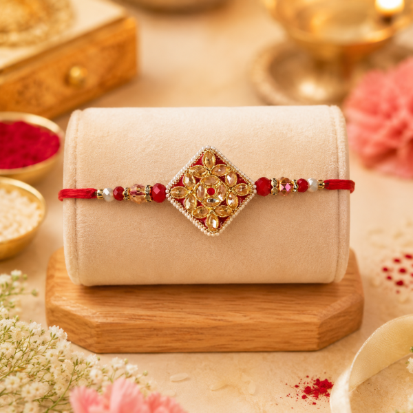 rakhi ACCESSHER Statement Rakhi with Semi-Precious Stone Detailing - Gift Set with Roli, Kumkum & Greeting Card