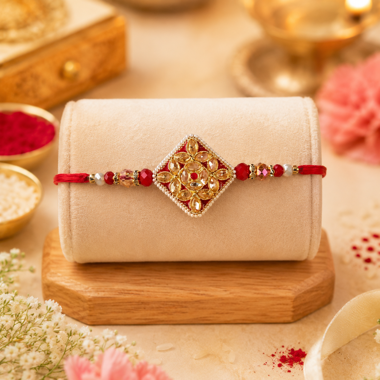 ACCESSHER Statement Rakhi with Semi-Precious Stone Detailing - Gift Set with Roli, Kumkum & Greeting Card