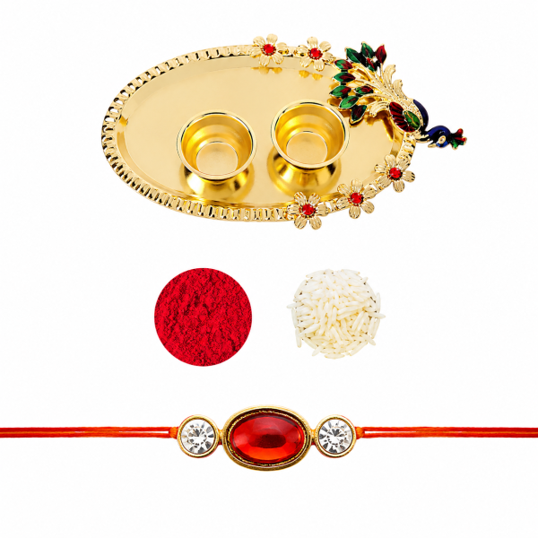 Accessher Ruby Beaded Rakhi - Gift Set with Acrylic Peacock Pooja Thali, Roli, Kumkum & Greeting Card Accessher Ruby Beaded Rakhi - Gift Set with Acrylic Peacock Pooja Thali, Roli, Kumkum & Greeting Card