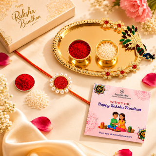 Accessher Druzy Stone & Pearl Rakhi - Gift Set with Metal Pooja Thali, Roli, Rice & Greeting Card