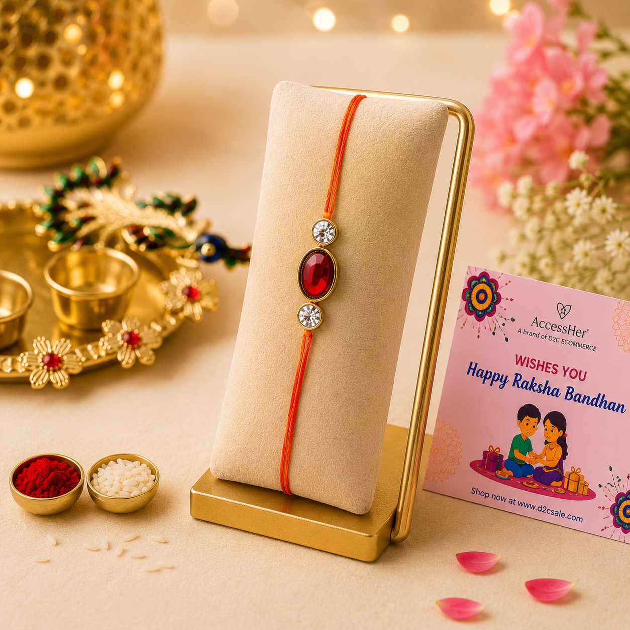 Accessher Ruby Beaded Rakhi - Gift Set with Acrylic Peacock Pooja Thali, Roli, Kumkum & Greeting Card - Image 4