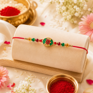 ACCESSHER Multicolour Meenakari OM Rakhi - Gift Set with Roli, Kumkum & Greeting Card