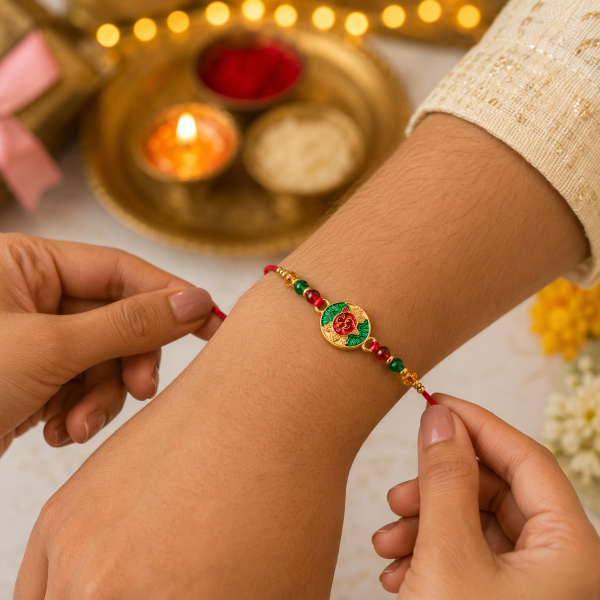 ACCESSHER Multicolour Meenakari OM Rakhi - Gift Set with Roli, Kumkum & Greeting Card