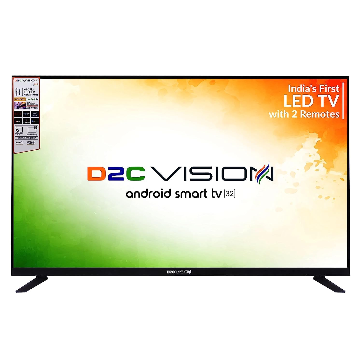 D2C Vision 32 Inch Bezel-Less HD Ready Smart LED TV with Android 11, Bluetooth & Voice Assistant - Black