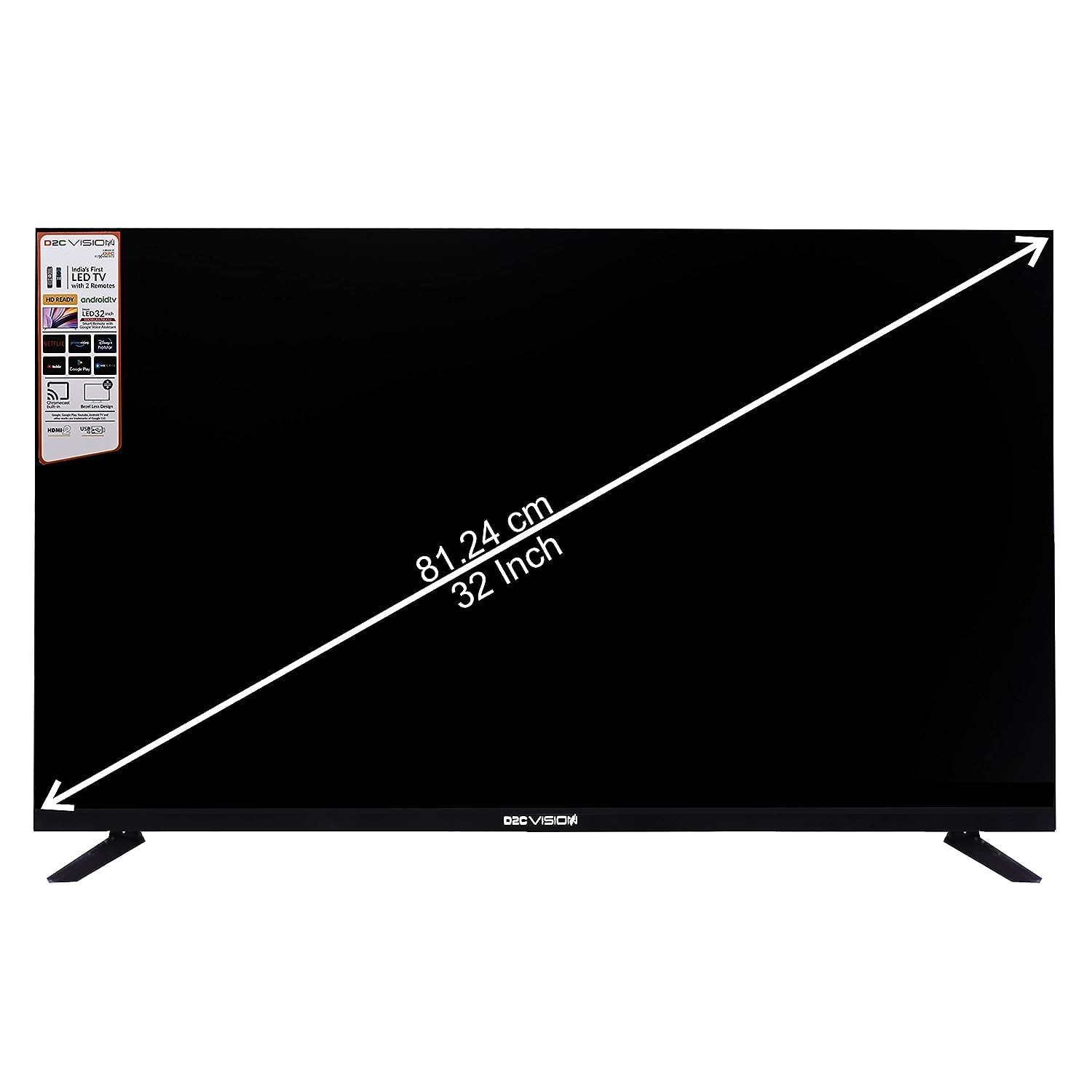 D2C Vision 32 Inch Bezel-Less HD Ready Smart LED TV with Android 11, Bluetooth & Voice Assistant - Black - Image 4