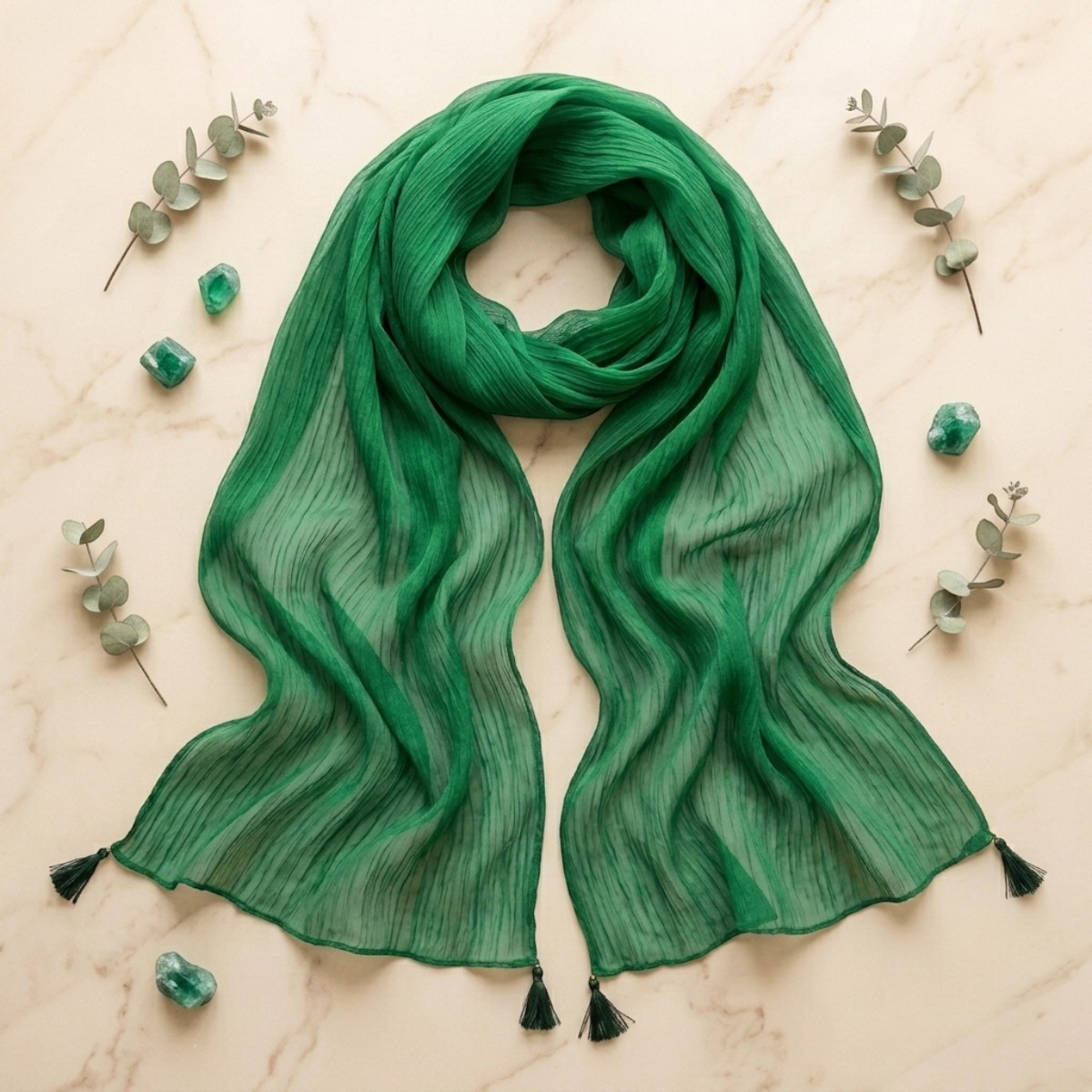 Drape N Don Green Plain Chiffon Dupatta with Stylish Latkan Detailing - Soft Lightweight Daily Wear