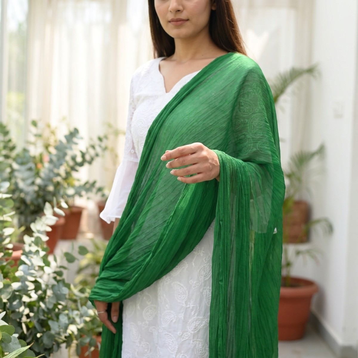 Drape N Don Green Plain Chiffon Dupatta with Stylish Latkan Detailing - Soft Lightweight Daily Wear - Image 2