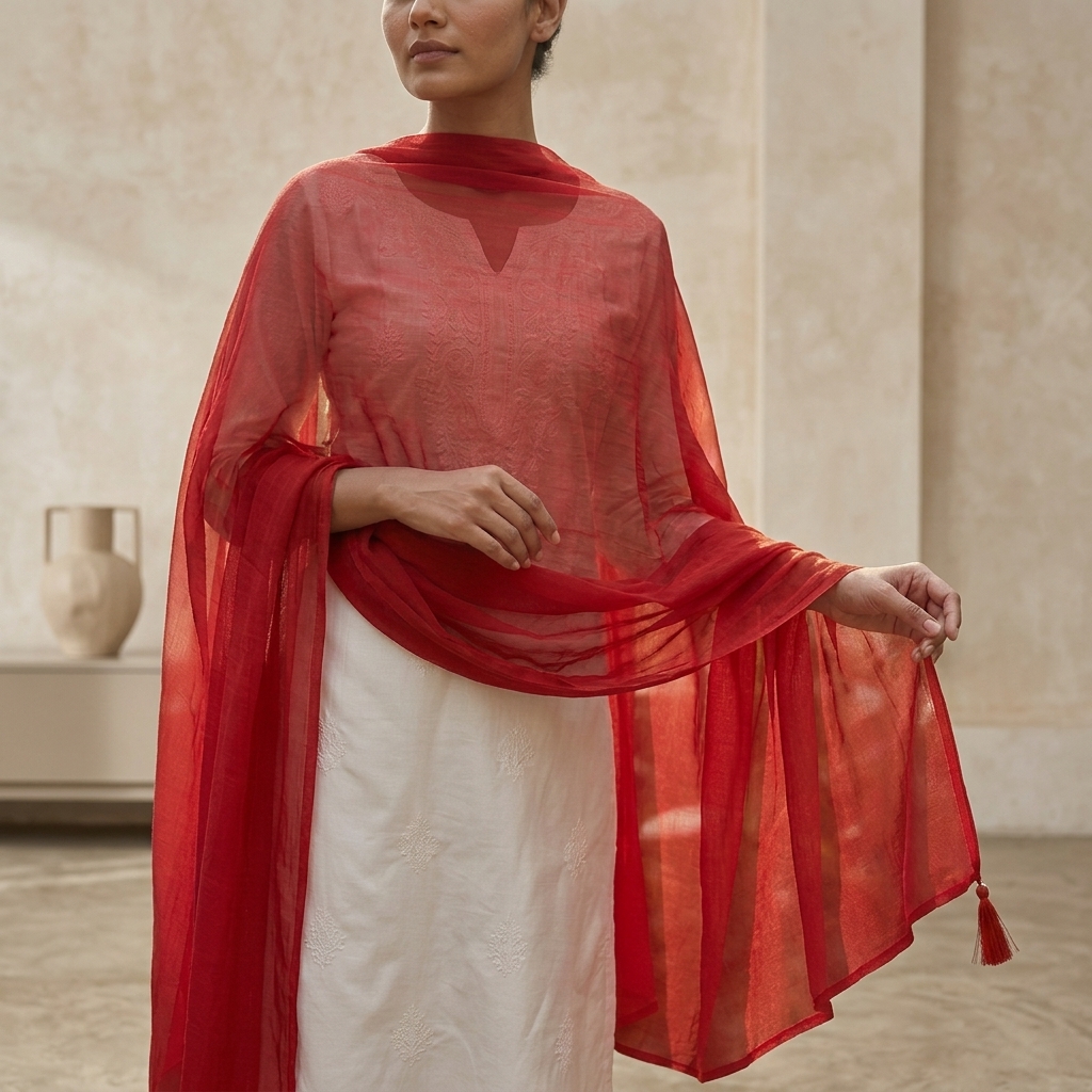 Drape N Don Red Plain Chiffon Dupatta with Stylish Latkan Detailing - Soft Lightweight Daily Wear - Image 3
