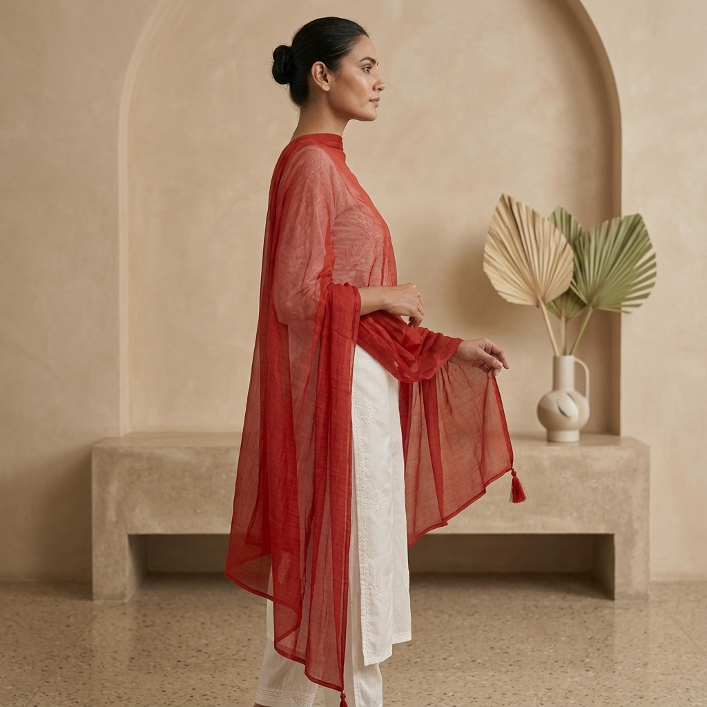Drape N Don Red Plain Chiffon Dupatta with Stylish Latkan Detailing - Soft Lightweight Daily Wear - Image 4