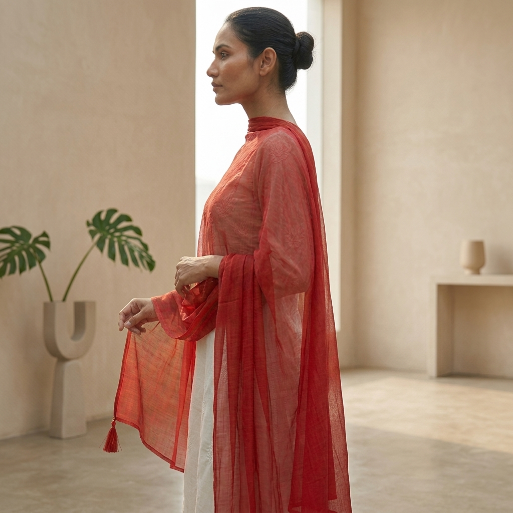 Drape N Don Red Plain Chiffon Dupatta with Stylish Latkan Detailing - Soft Lightweight Daily Wear - Image 2