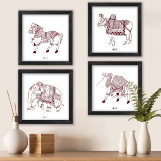 Indigifts Wall Decor for Living Room Animal Ethnic Design Digital Print Poster Frames 6"x6" Set of 4 - Home Wall Decorations Items, Diwali Home Decoration Items, Warli Art Posters Frame