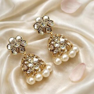 Accessher Traditional Gold Plated Kundan Studded Floral Jhumki Earrings, Ethnic Statement Earrings for Women and Girls |Perfect for Weddings| Pack of 1