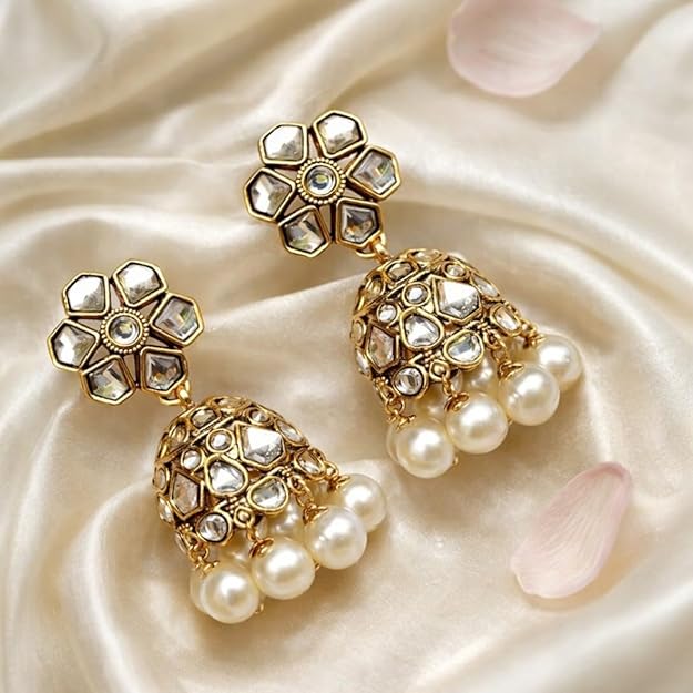 Accessher Gold Plated Floral Jhumki Earrings with Kundan Detailing - Traditional Ethnic Design