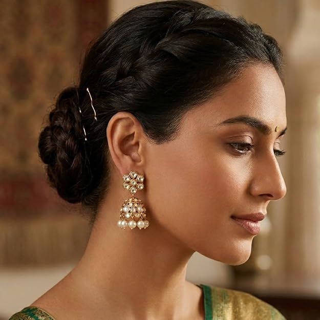 Accessher Gold Plated Floral Jhumki Earrings with Kundan Detailing - Traditional Ethnic Design - Image 4