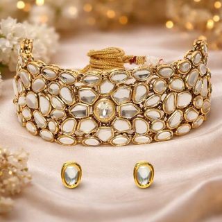 ACCESSHER Gold-Plated Kundan Bridal Choker Necklace Set with Earrings | Traditional Indian Ethnic Jewellery for Weddings & Festivals Pack of 1 (Choker Set with earrings) for Women & Girls
