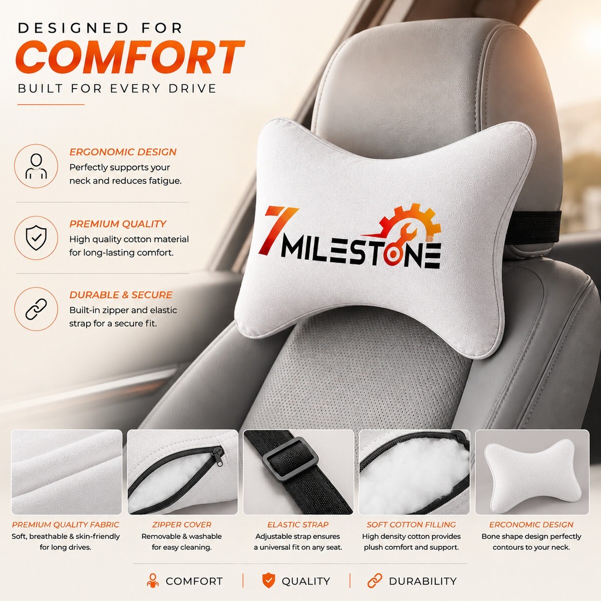 7 Mile Stone Grey Car Neck Rest Pillow Set for Driving Comfort (Set of 2) - Image 4