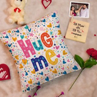 Indigifts Valentine Couple Gifts Box Satin Cushion Cover with Filler, Artificial Rose, Wooden Photo Stand, Card, Teddy Combo Pack (12x12)