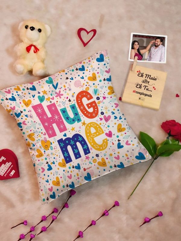 Indigifts Valentine Couple Gifts Box Satin Cushion Cover with Filler, Artificial Rose, Wooden Photo Stand, Card, Teddy Combo Pack (12x12)