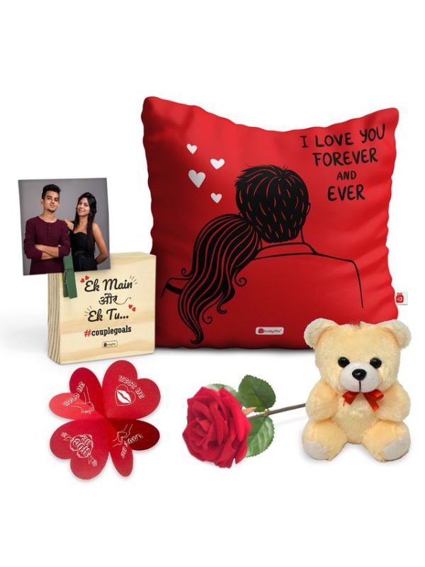 Indigifts Valentine Romantic gift Cotton Cushion Cover with Filler| Wooden Photo Stand| Greeting Card| Teddy| Artificial Red Rose| 12x12 inch| 1 Cushion Cover| 1 Filler|Teddy day Gift Anniversary Gift - Image 2