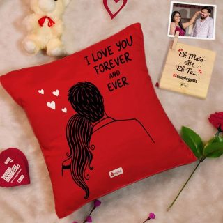 Indigifts Valentine Romantic gift Cotton Cushion Cover with Filler| Wooden Photo Stand| Greeting Card| Teddy| Artificial Red Rose| 12x12 inch| 1 Cushion Cover| 1 Filler|Teddy day Gift Anniversary Gift