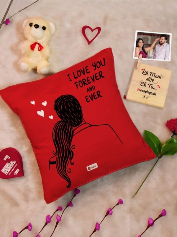 Indigifts Valentine Romantic gift Cotton Cushion Cover with Filler| Wooden Photo Stand| Greeting Card| Teddy| Artificial Red Rose| 12x12 inch| 1 Cushion Cover| 1 Filler|Teddy day Gift Anniversary Gift