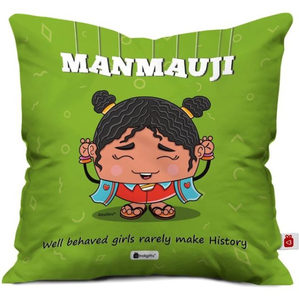 Indigifts Satin Manmauji Printed Cushion Cover 12x12 Inch with Filler (Green) - Image 3