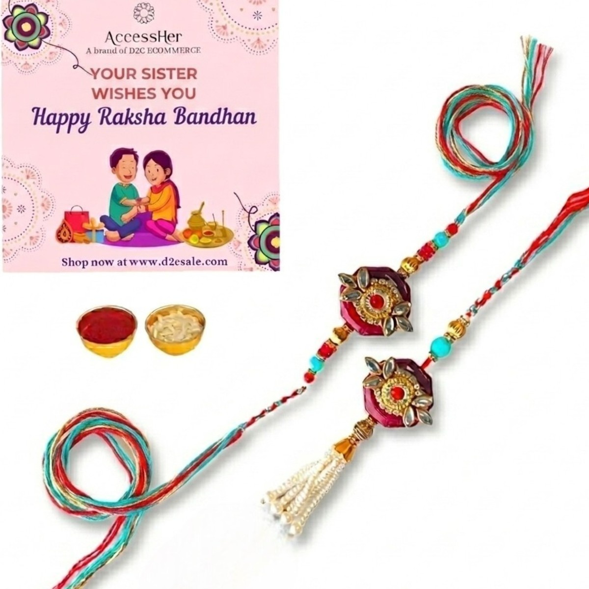 ACCESSHER Kundan & Pearl Embedded Bhaiya Bhabhi Rakhi Set with Roli, Kumkum & Greeting Card - Image 2