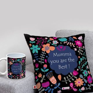 Indigifts Satin Mug and Cushion Cover with Filler - 1 Mug 1 Cushion Cover| 12x12 inches| 1 Pack Filler | MATERIAL - CUSHION : Soft Poly Satin| Black Colored Cotton Overlap Envelop Backing