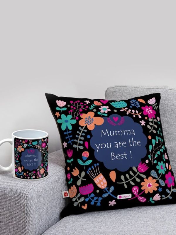 Indigifts Satin Mug and Cushion Cover with Filler - 1 Mug 1 Cushion Cover| 12x12 inches| 1 Pack Filler | MATERIAL - CUSHION : Soft Poly Satin| Black Colored Cotton Overlap Envelop Backing