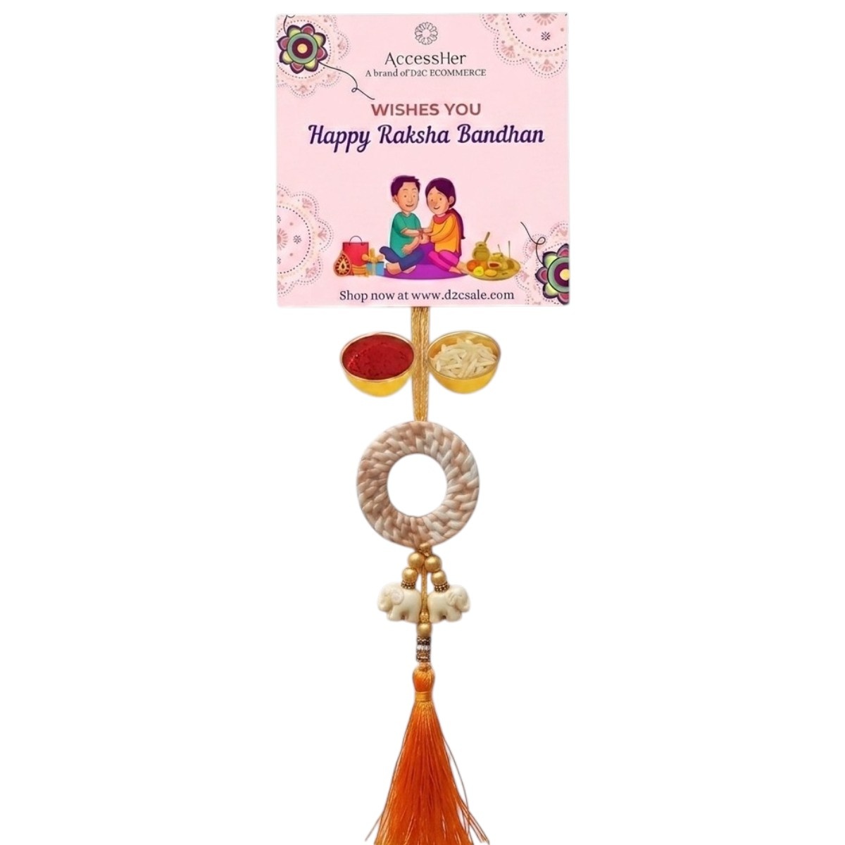 ACCESSHER Handcrafted Elephant Charm Rakhi with Tassel for Bhabhi - Gift set Roli, Kumkum & Greeting Card - Image 3