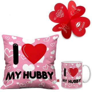 Indigifts Valentine Gift for Husband Special I Love My Hubby Cushion Cover with Filler 12x12 Inches and Coffee Mug 325 ml ,1 Vacuum Packed Conjugated Fiber Filler