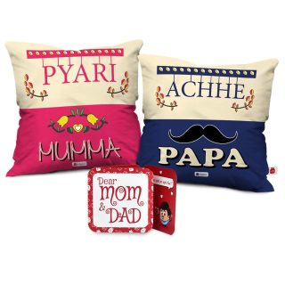 Indigifts Pyari Mummy Ache Papa Printed 12x12 inches Cushions with Filler| Set of 2| Multicolour| Polycotton|Home Decor| Mom Dad Gift | Gift for Parents | Mummy Birthday Gifts | Mothers Days Gifts