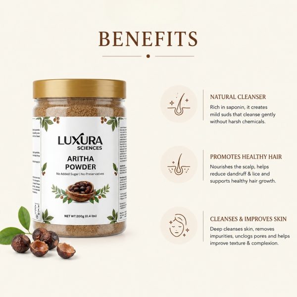 Luxura Sciences Aritha Powder (200g) | Natural Hair & Scalp Cleanser | Gently Cleanses & Revitalizes | Ideal for DIY Hair & Skincare Routines | No Harsh Chemicals Luxura Sciences Natural Aritha Powder for Hair & Scalp Cleansing - DIY Beauty Routines (200g)