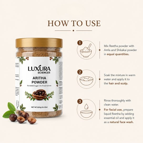 Luxura Sciences Aritha Powder (200g) | Natural Hair & Scalp Cleanser | Gently Cleanses & Revitalizes | Ideal for DIY Hair & Skincare Routines | No Harsh Chemicals Luxura Sciences Natural Aritha Powder for Hair & Scalp Cleansing - DIY Beauty Routines (200g)