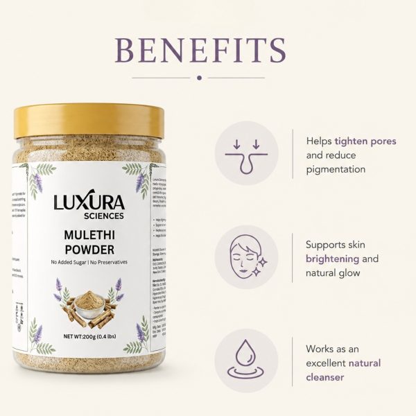 Luxura Sciences Pure Mulethi (Licorice) Powder – Natural Skin Brightening & Tan Removal Face Pack | Herbal & Chemical-Free (Mulethi, 200g) Luxura Sciences Mulethi Face Mask for Skin Care & Glow (200g)