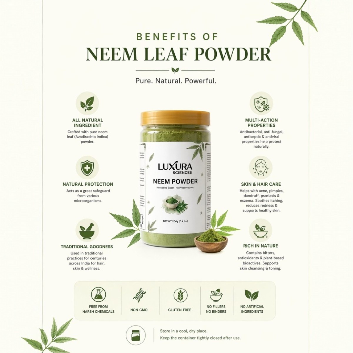 Luxura Sciences Pure Neem Leaf Powder for Hair & Skin Care - Finely Ground Natural Self-Care Blend (200g) - Image 5