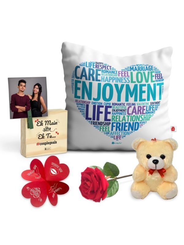 Indigifts Valentine Special Gifts Satin Valentine Love Gifts for Girlfriend Cushion Cover with Filler, Wooden Photo Stand, Teddy, Artificial Rose, Card-for Husband, Wife, Boyfriend, Birthday (12) - Image 2