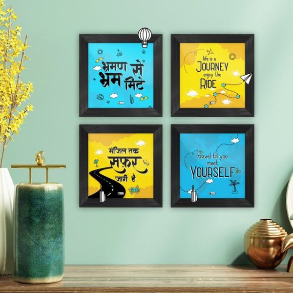 Indigifts Gift Hamper for Travel Lovers Printed Wooden Poster Frame Set of 4 and Sticker, Travel Quotes Frames for Walls, Travel Quotes Frames, Poster Frame Set, Travel Stickers, Wall Decoration - Image 2
